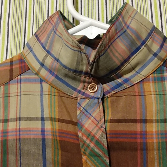 Hip 70s Vintage Sz L XL SHIP n SHORE Plaid Nehru Collar COTTON BLOUSE TOP - Picture 3 of 10